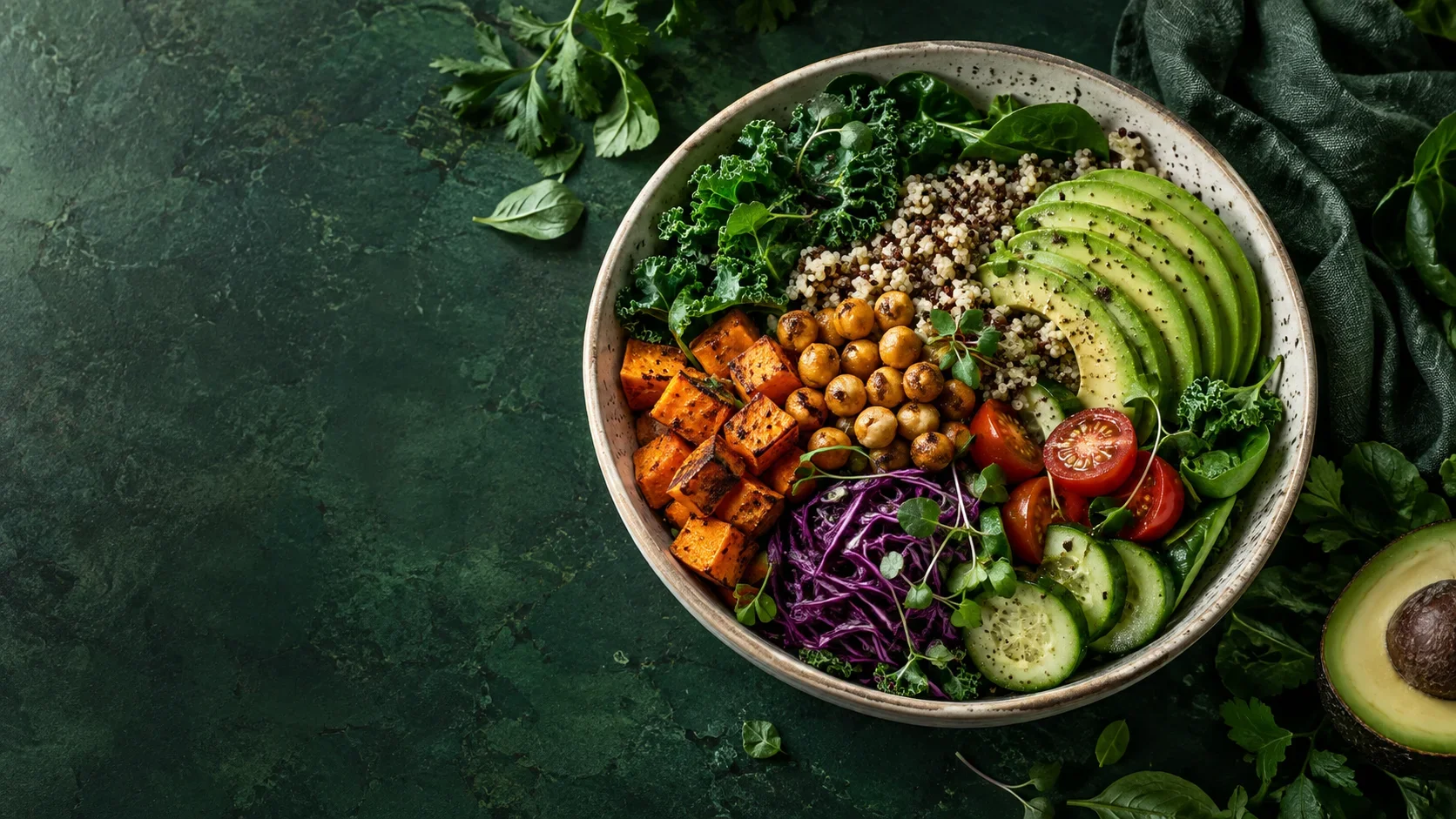 Fresh avocado, leafy greens and colourful vegetables in a healthy grain bowl on a deep green table